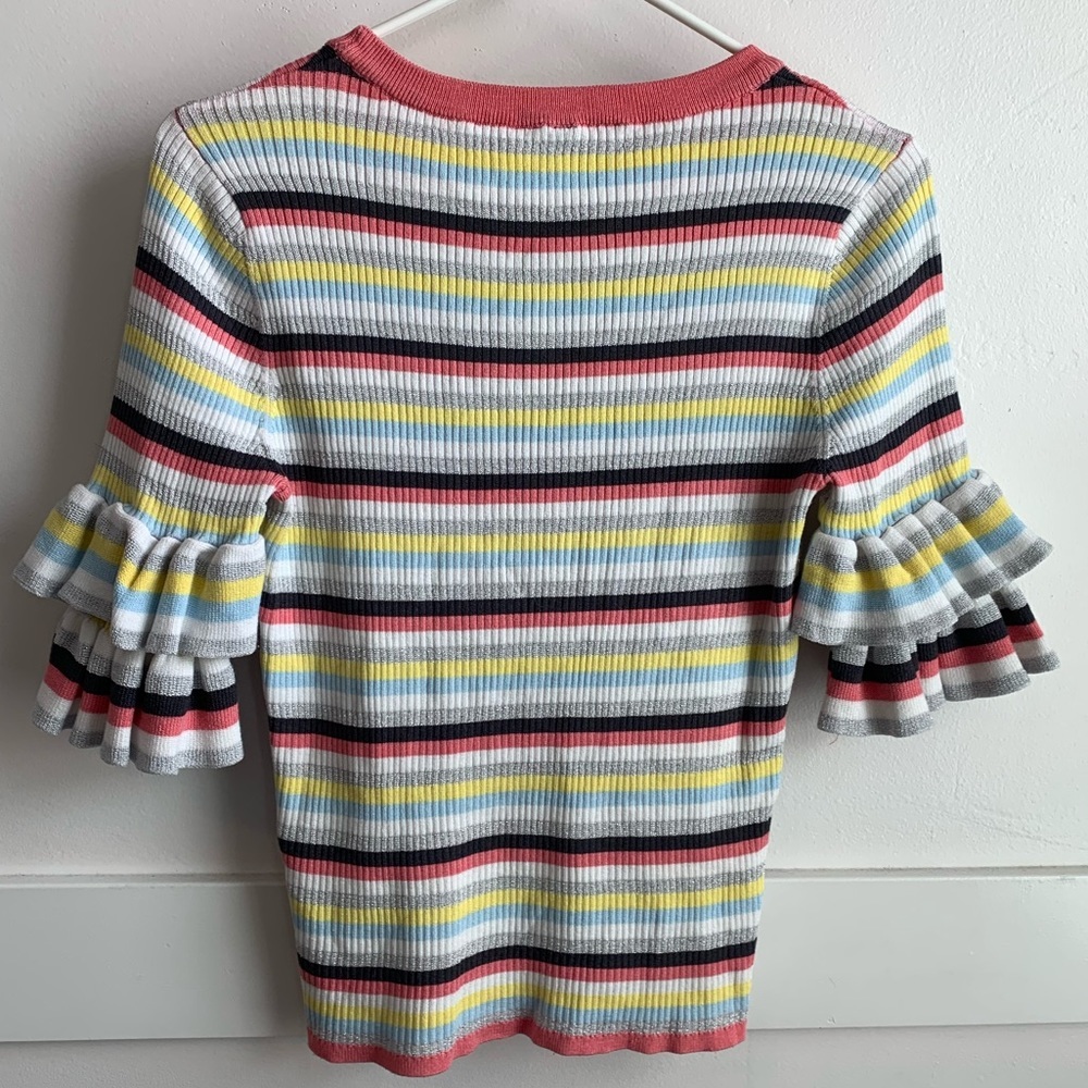 Divided Multicolor Ribbed Ruffle Half Sleeve Blouse - Picture 2 of 3